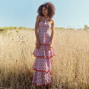 Elegant Red and White Tiered Maxi Dress